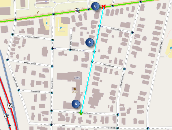 The selected route highlighted on the map